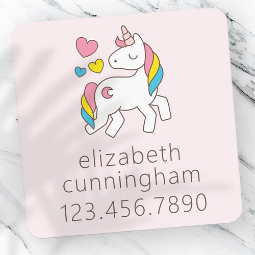 Modern Cute Unicorn Hearts Photo Name Phone Number Kids Labels