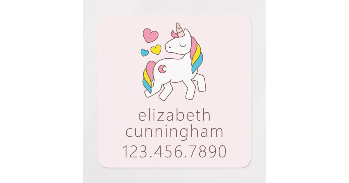 Modern Cute Unicorn Hearts Photo Name Phone Number Kids' Labels | Zazzle