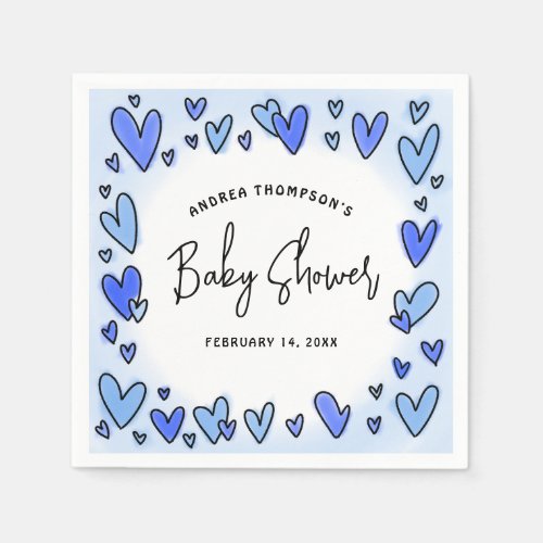 Modern Cute Valentine Blue Hearts Baby Shower Napkins