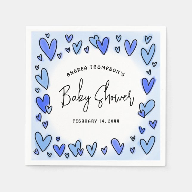 Modern Cute Valentine Blue Hearts Baby Shower Napkins (Front)