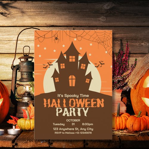 Modern Cute Vibrant Orange Haunted House Spooky  Invitation