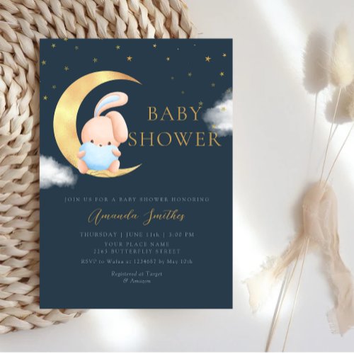 Modern Cute Watercolor Boho Bunny Boy Baby Shower Invitation