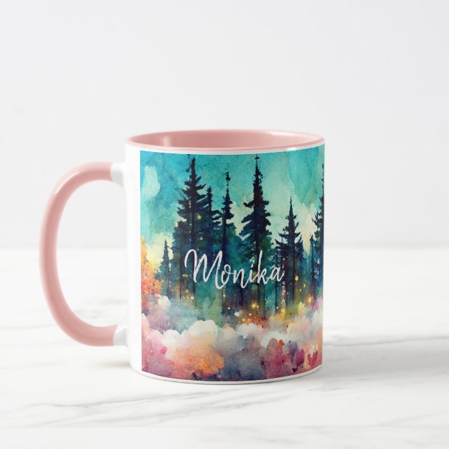 Modern Cute Watercolor Foggy Pine Forest Mug (Left)