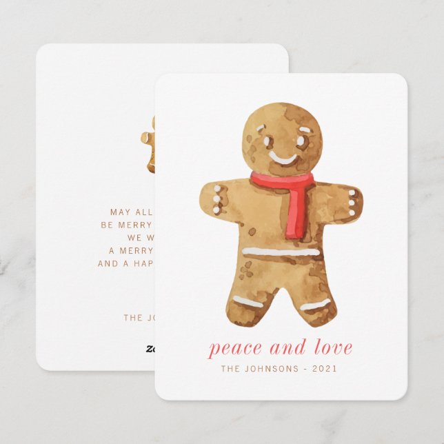 Modern Cute Watercolor Gingerbread Man Holiday Card (Front/Back)