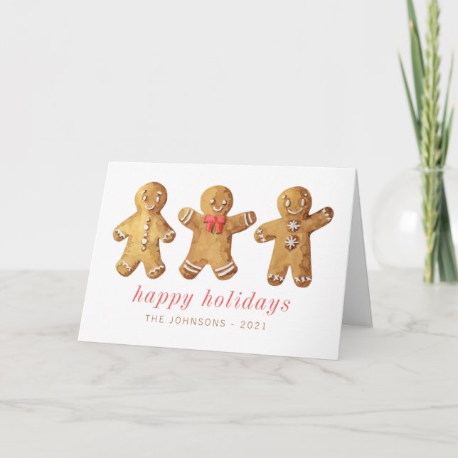 Modern Cute Watercolor Gingerbread Man Holiday Card (Front)