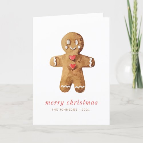 Modern Cute Watercolor Gingerbread Man Holiday Card