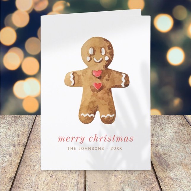 Modern Cute Watercolor Gingerbread Man Holiday Card (Creator Uploaded)