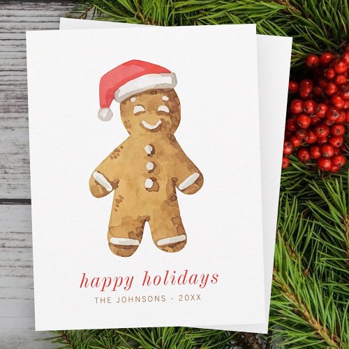 Modern Cute Watercolor Gingerbread Man Holiday Card