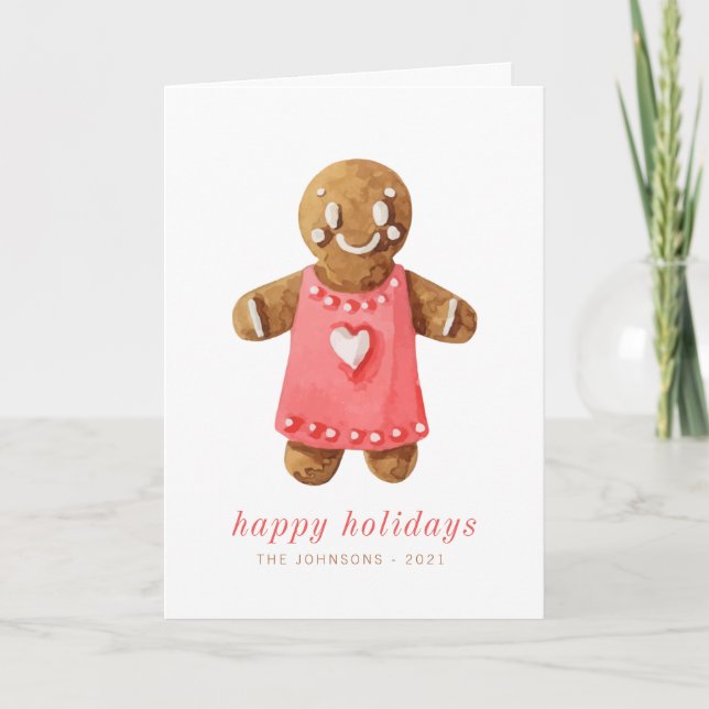 Modern Cute Watercolor Gingerbread Man Holiday Card (Front)