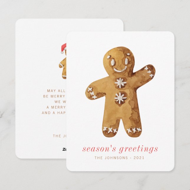 Modern Cute Watercolor Gingerbread Man Holiday Card (Front/Back)