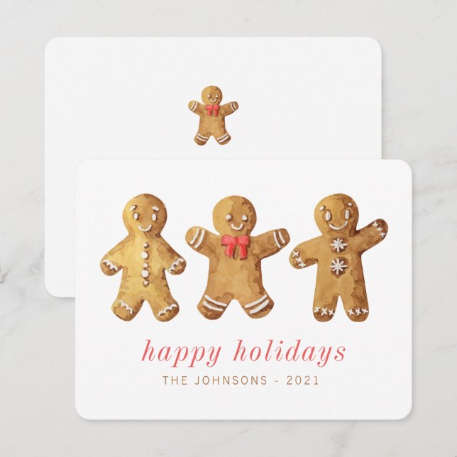 Modern Cute Watercolor Gingerbread Man Holiday Card (Front/Back)