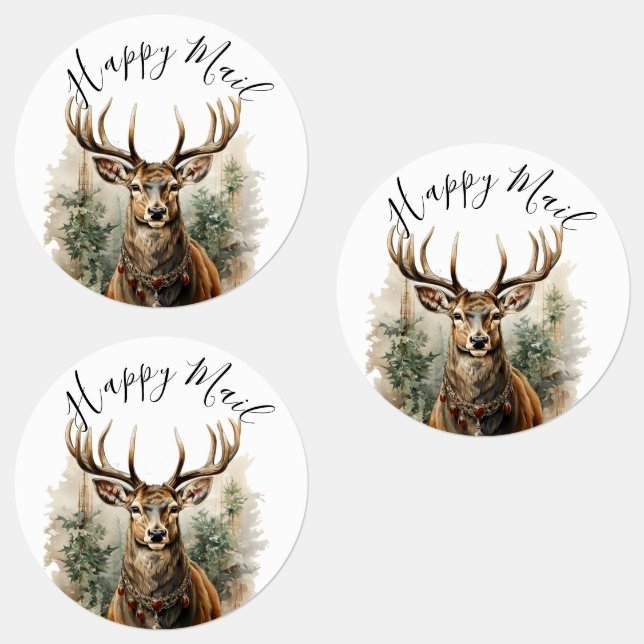  Modern Cute Watercolor Rustic Christmas Reindeer Labels (Group)