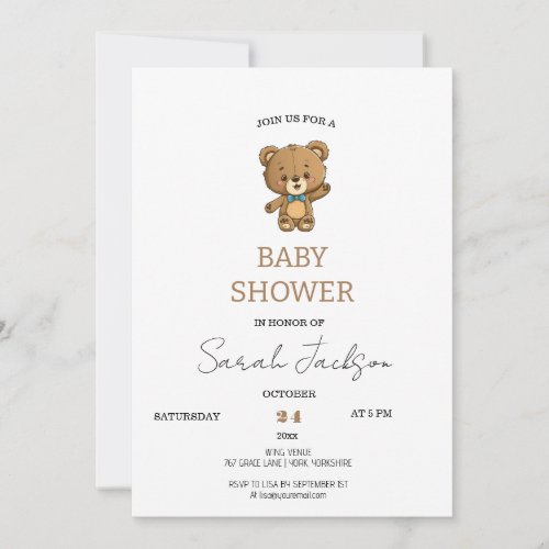 Modern Cute Watercolor Teddy Bear Baby Shower Invitation