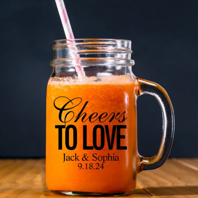 Modern Cute Wedding Couple Name Date Black Text Mason Jar W/ Handle (wedding gifts mason jar with name and date )