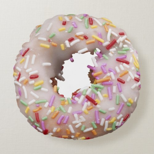 Modern Cute White Donut with Colorful Sprinkles Round Pillow