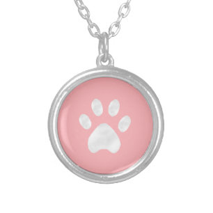 Modern cute white paw on coral pink silver plated necklace