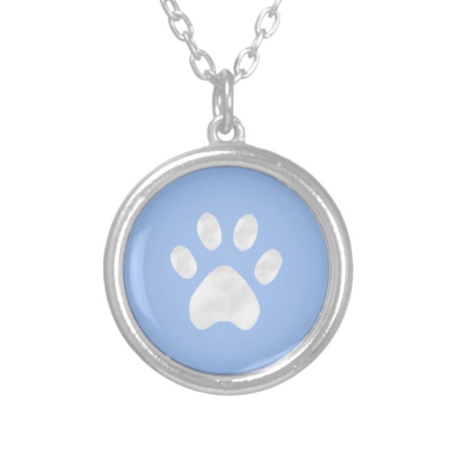 Modern cute white paw on light blue silver plated necklace (Front)