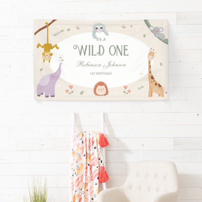 Modern Cute Wild One Safari Animals 1st Birthday Banner (Insitu)