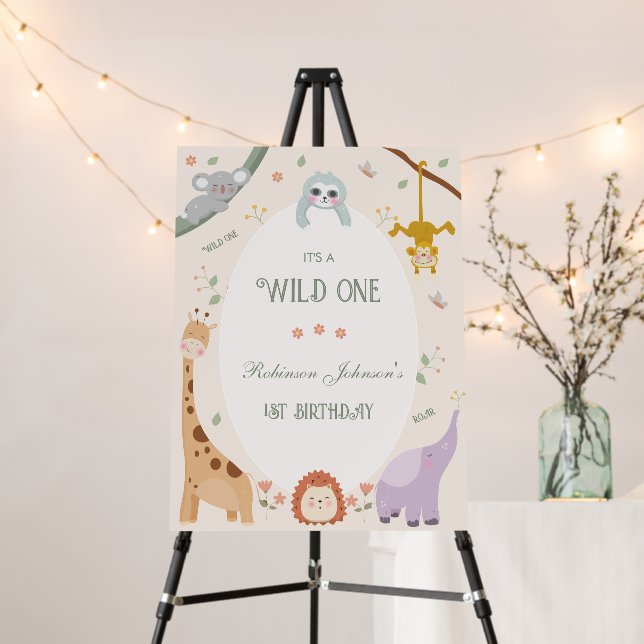 Modern Cute Wild One Safari Animals 1st Birthday Foam Board (In Situ (Stand))