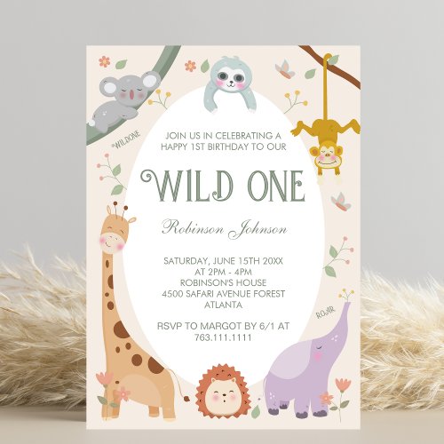 Modern Cute Wild One Safari Animals 1st Birthday Invitation