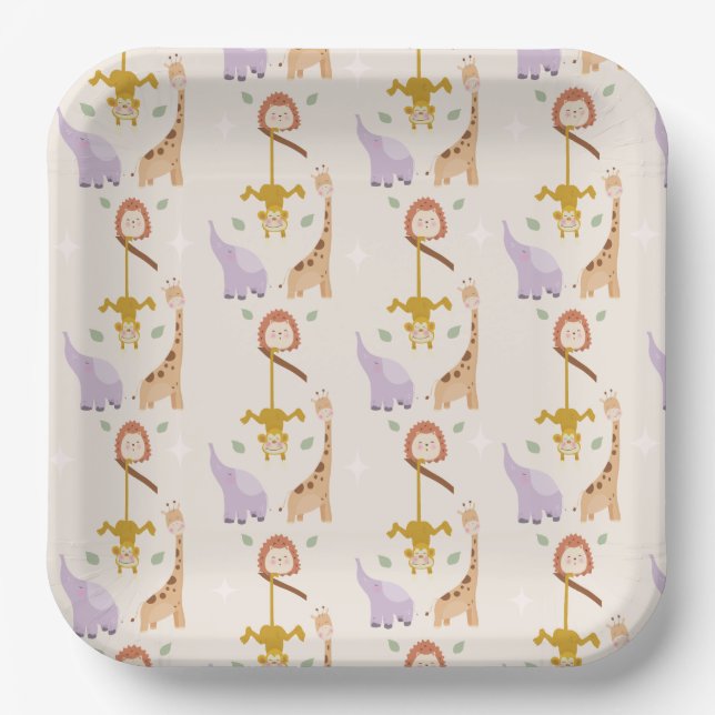 Modern Cute Wild One Safari Animals 1st Birthday Paper Plates (Front)