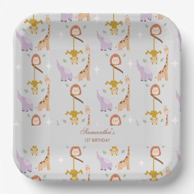Modern Cute Wild One Safari Animals Birthday Paper Plates (Front)