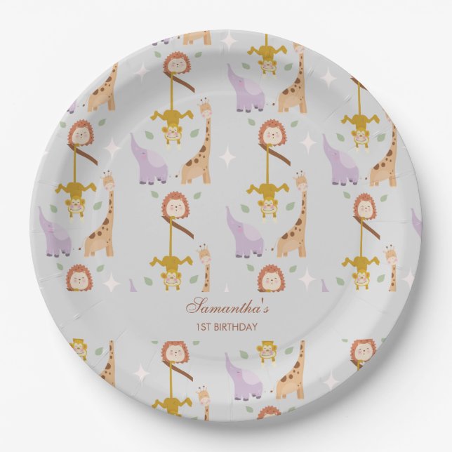 Modern Cute Wild One Safari Animals Birthday Paper Plates (Front)