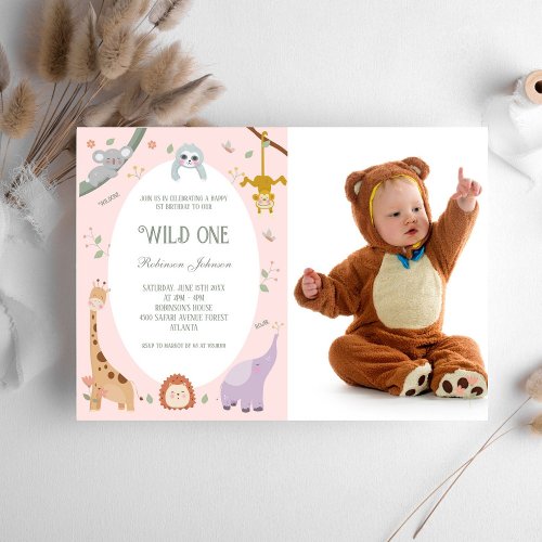 Modern Cute Wild One Safari Animals Photo Birthday Invitation