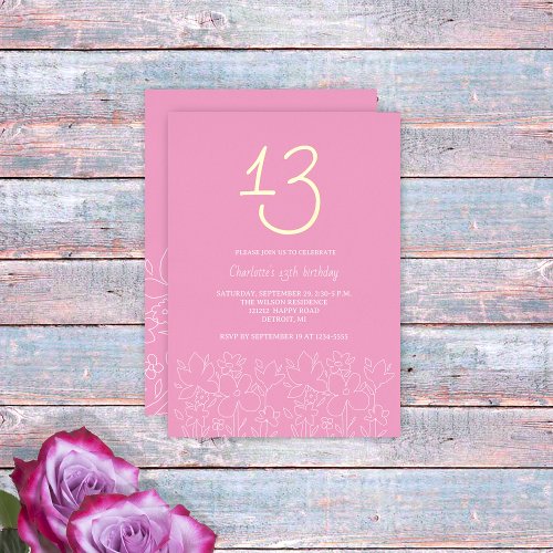 Modern Cute Wildflowers 13th Birthday Foil Invitation