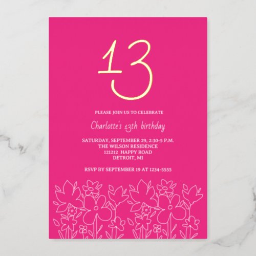 Modern Cute Wildflowers 13th Birthday Foil Invitation