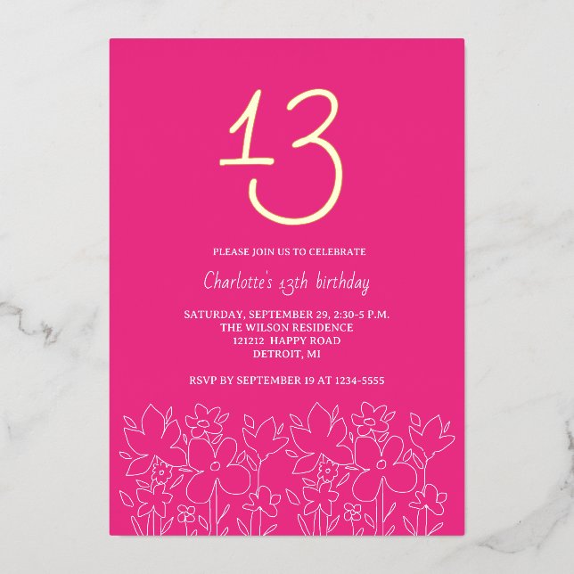 Modern Cute Wildflowers 13th Birthday Foil Invitation (Front)
