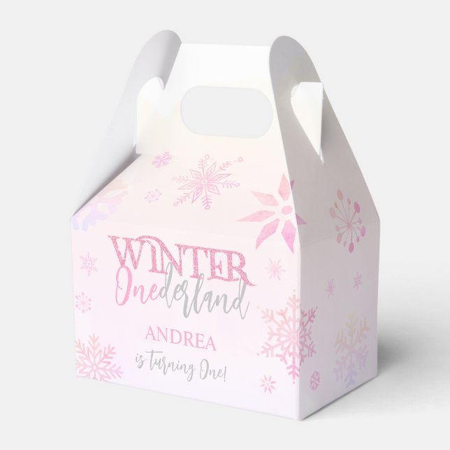 Modern Cute Winter ONEderland Pink First Birthday Favor Boxes (Front Side)