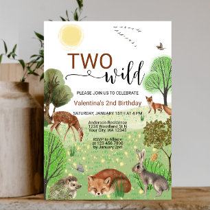 Modern Cute Woodland Animals Two Wild 2nd Birthday Invitation