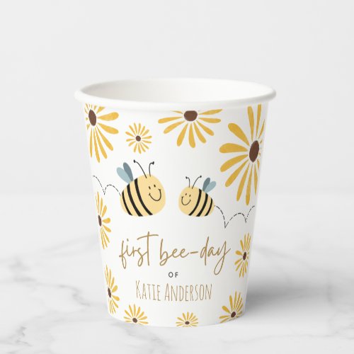 Modern Cute Yellow Bee and Sunflower First Bee_day Paper Cups