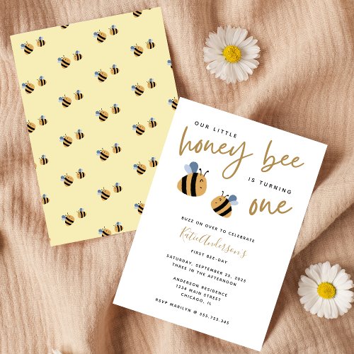 Modern Cute Yellow Bumblebee First Birthday Invitation
