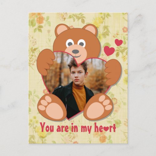 Modern Cute Yellow Teddy Bear Heart Photo Frame  Postcard