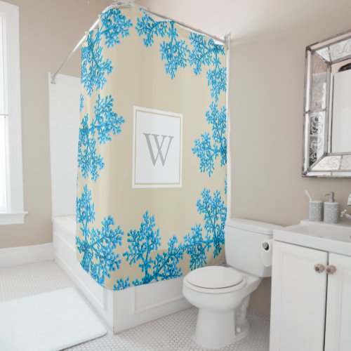 Modern Cyan Blue Flower Buds  Taupe  Monogram Shower Curtain