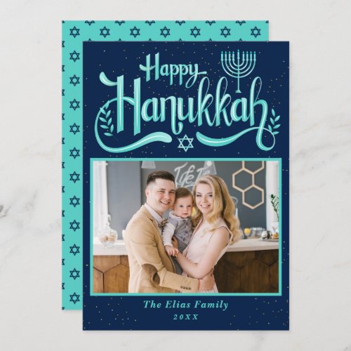 Modern Cyan Blue Happy Hanukkah Photo Holiday Card