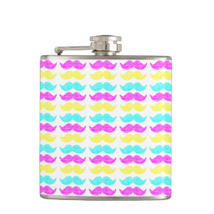 Modern Cyan Magenta Mustache Pattern Hip Flask
