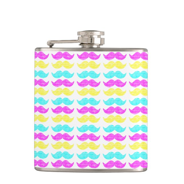 Modern Cyan Magenta Mustache Pattern Hip Flask (Front)