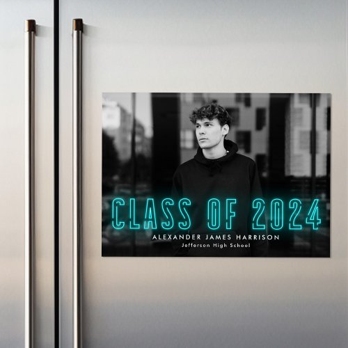 Modern Cyan Neon Class of 2024 Photo Graduation Magnetic Invitation
