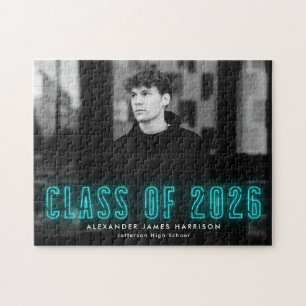 Modern Cyan Neon Class of 2026 Graduation Photo Jigsaw Puzzle