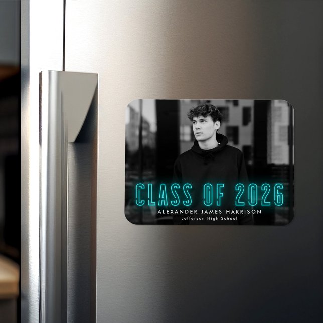 Modern Cyan Neon Class of 2026 Photo Graduation Magnet (Creator Uploaded)
