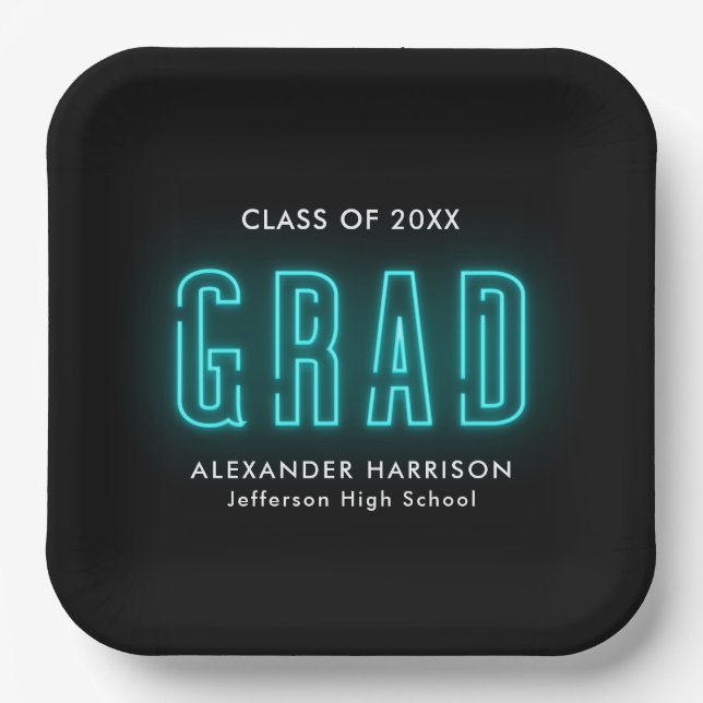Modern Cyan Neon Graduation Paper Plates (Front)
