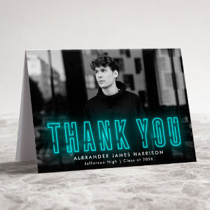 Modern Cyan Neon Photo Graduation Letterpress Thank You Card