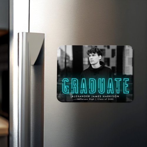 Modern Cyan Neon Photo Graduation Magnet