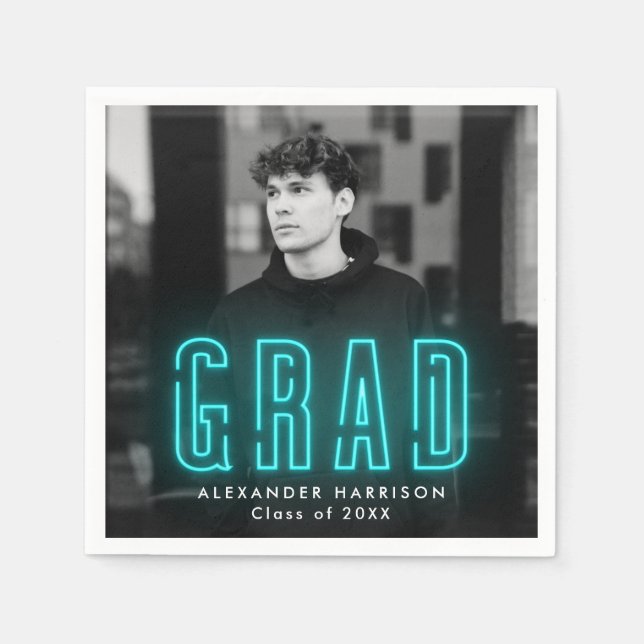 Modern Cyan Neon Photo Graduation Napkins (Front)