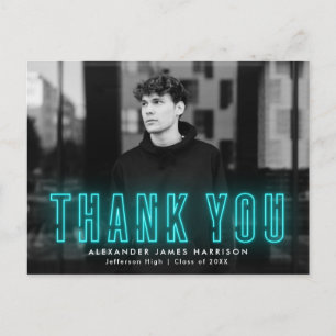 Modern Cyan Neon Photo Graduation Postcard