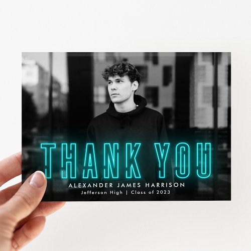 Modern Cyan Neon Photo Graduation Thank You Card