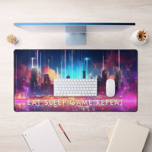 Modern Cyber Futuristic City Eat Sleep Game Repeat Desk Mat